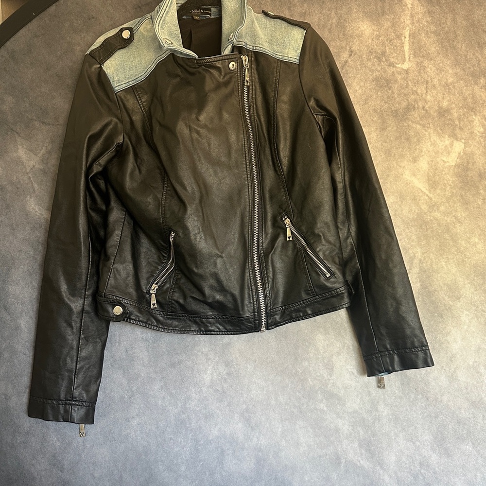 Guess Los Angeles Black and Denim Pleather Motorcycle Jacket Size Large Zippers